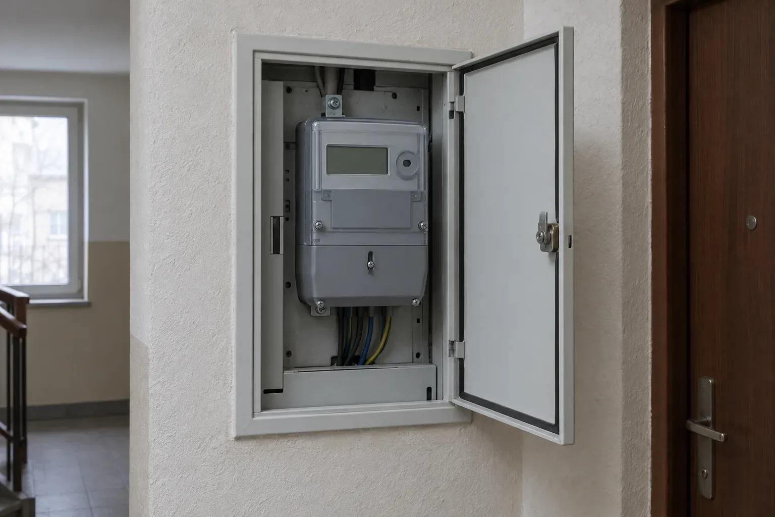 Licznik energii elektrycznej w zamykanej skrzynce na ścianie korytarza